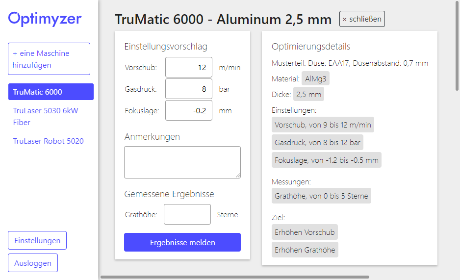 Optimyzers Benutzeroberfläche zur Optimierung von Laserschneidmaschinen