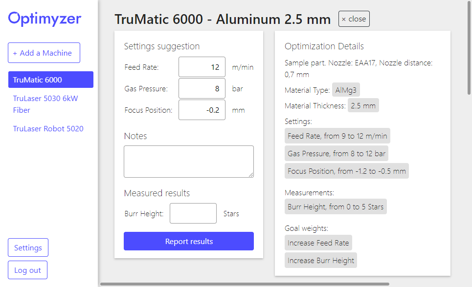 Optimyzer's user interface for laser cutting machine optimization