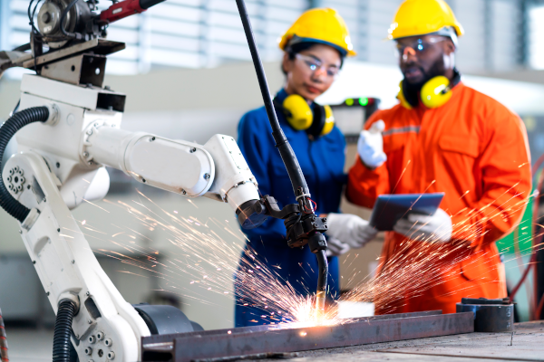 Two machine operators program a welding robot on a tablet